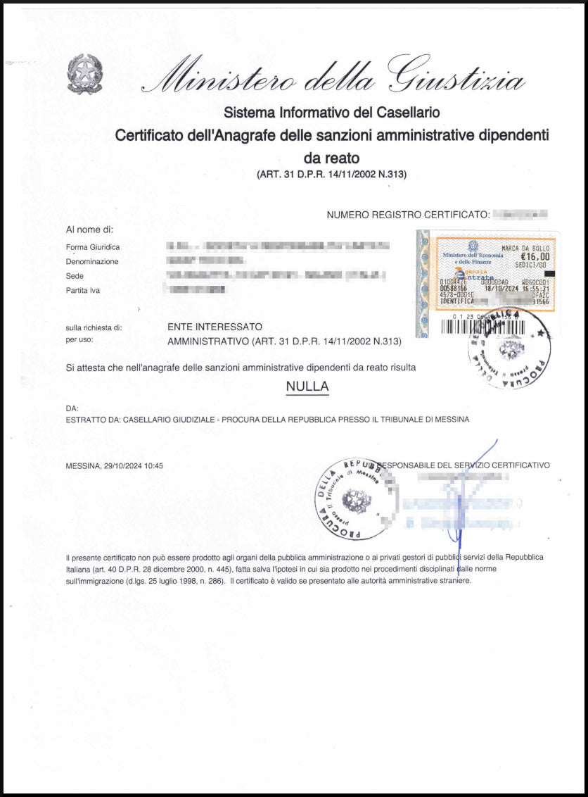 Certificato dell'anagrafe delle sanzioni amministrative